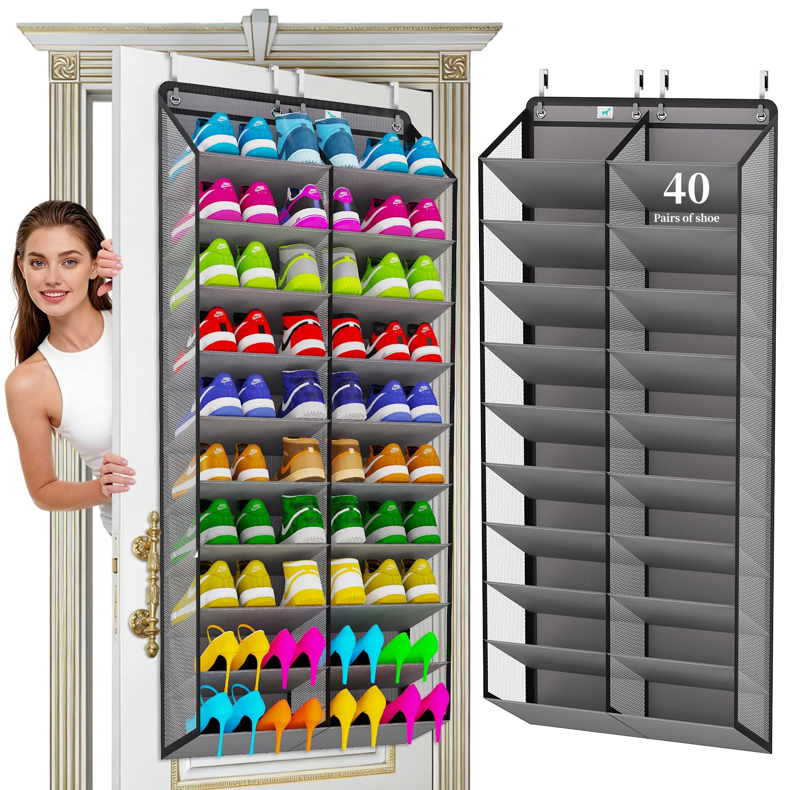 Heavy-Duty, over the door shoe organizer, Extra-Wide Large, shoe organizer, Holds 30 Pairs & Supports 100lbs, shoe rack, with Reinforced Grommets & Bamboo Rods, Fits Men's Size 12 & Boots, Black