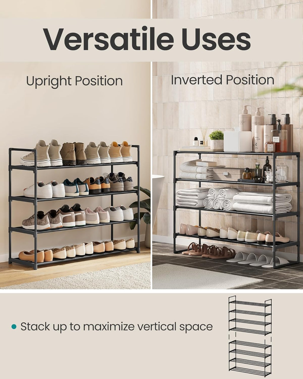 SONGMICS Shoe Rack, 4-Tier Shoe Organizer, Metal Storage Shelf, Upright or Upside Down, for 20-25 Pairs, Stackable, for Entryway, 11.8 x 36.2 x 29.1 Inches, Black ULSA14BK