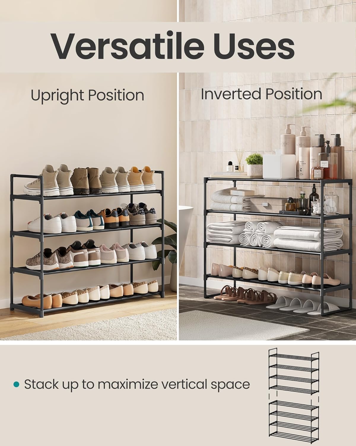 SONGMICS Shoe Rack, 4-Tier Shoe Organizer, Metal Storage Shelf, Upright or Upside Down, for 20-25 Pairs, Stackable, for Entryway, 11.8 x 36.2 x 29.1 Inches, Black ULSA14BK