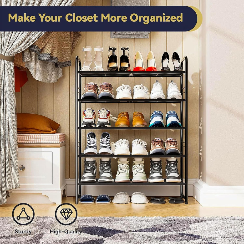 5 Tier Shoe Rack Closet Metal Heavy Duty, Stackable, Black
