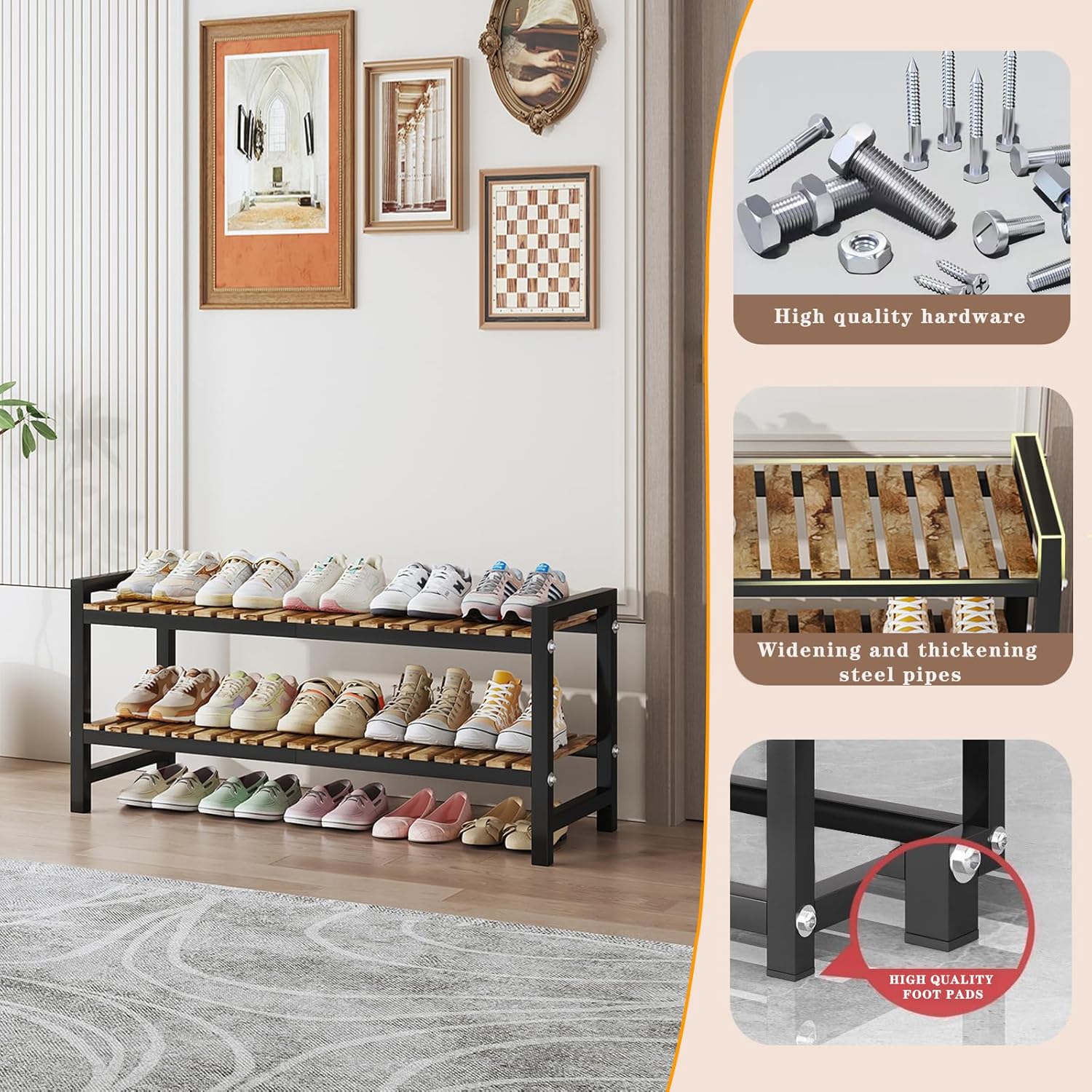 Shoe Rack Organizer for Small Spaces 2Tier Long Narrow Shoe Stand, Closet Shoe Rack, Small Shoe Shelf for Closet Entryway Corner Garage and Bedroom Front Door - Shoe Storage Combining Wood and Metal