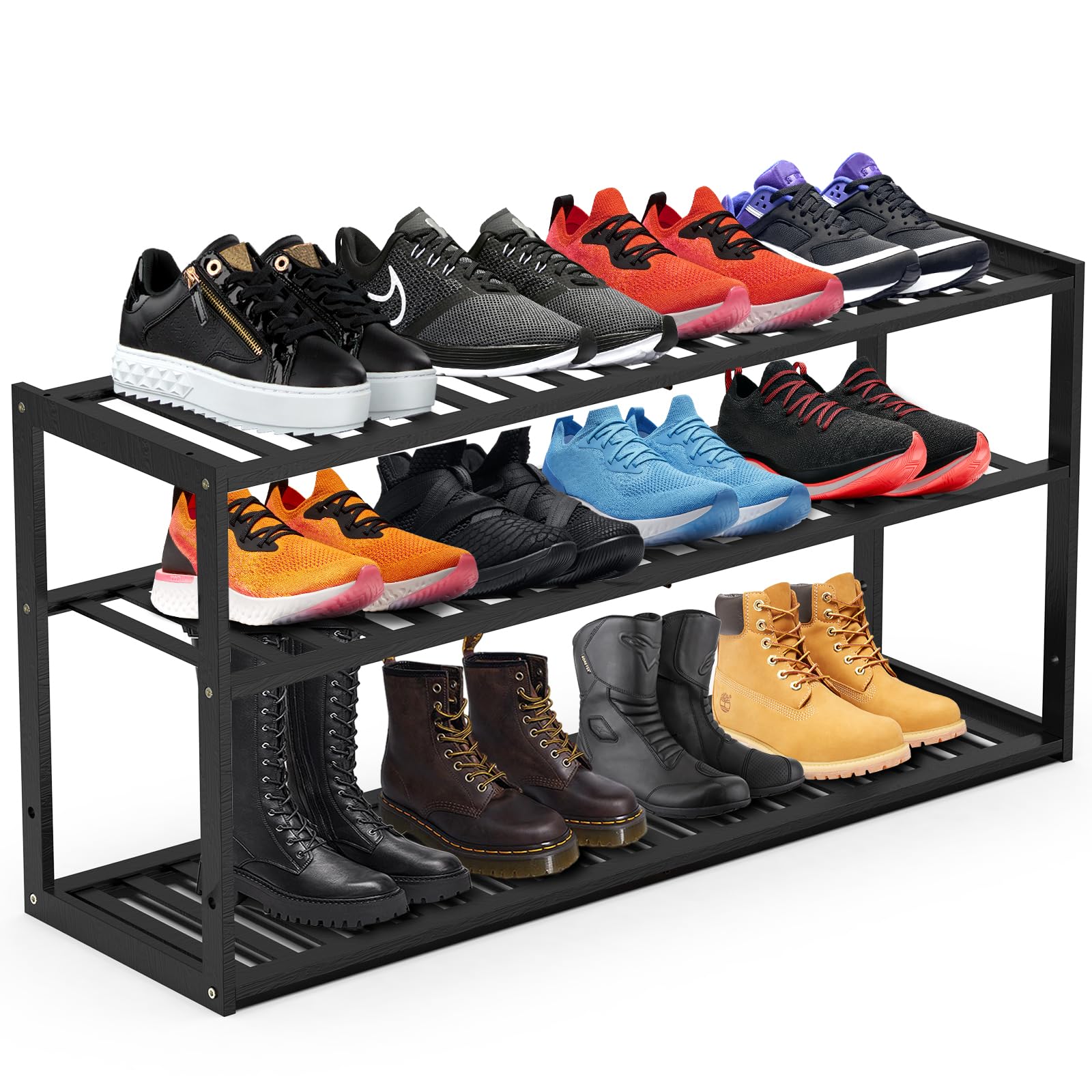Jripae Bamboo Shoe Rack for Closet, Stackable 3 Tier Longer Shoe Organizer Shelf Holder Storage 12-15 Pairs for Entryway Door Hallway Bedroom Garage Space Saving Foldable Black