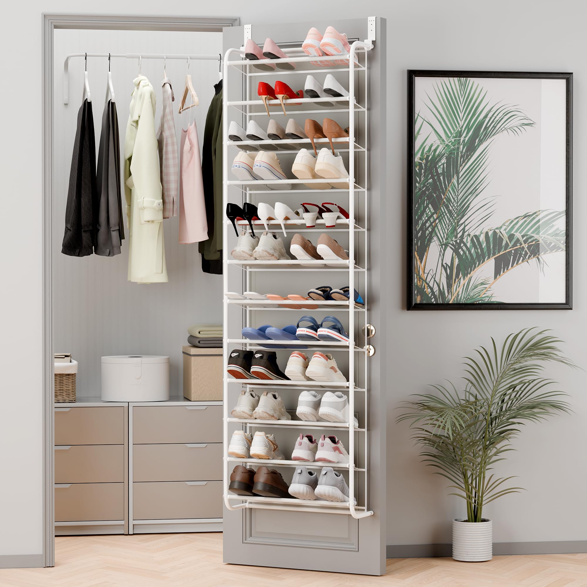 Whitmor 36 Pair Over The Door Shoe Organizer, 12 Tier Hanging Shoe Organizer, Heavy Duty Metal & Mesh Shoe Holder, Hanging Shoe Rack for Closet Organizer & Storage, 69"L x 21.7"W x 7.5"H, Mocha