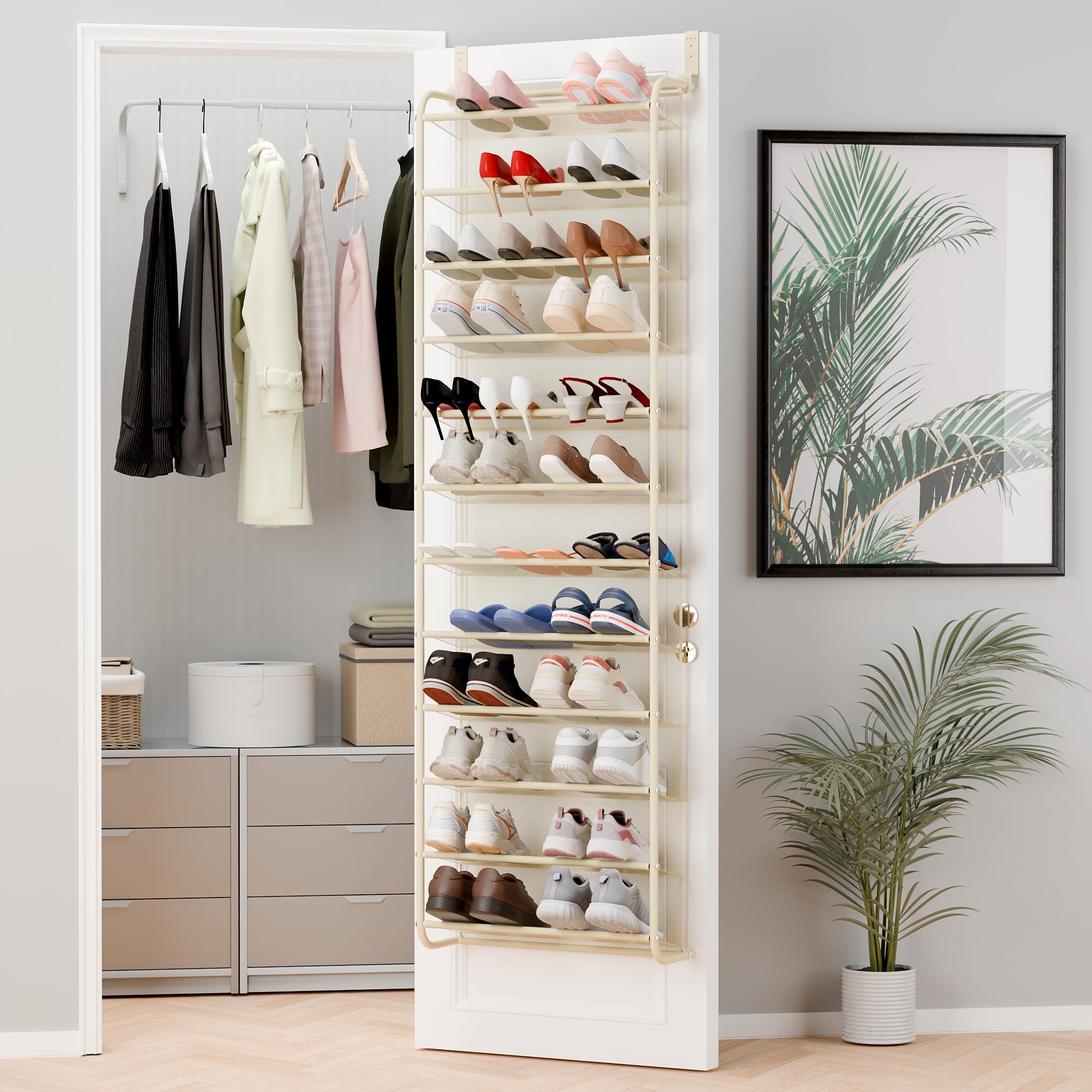 Whitmor 36 Pair Over The Door Shoe Organizer, 12 Tier Hanging Shoe Organizer, Heavy Duty Metal & Mesh Shoe Holder, Hanging Shoe Rack for Closet Organizer & Storage, 69"L x 21.7"W x 7.5"H, Mocha