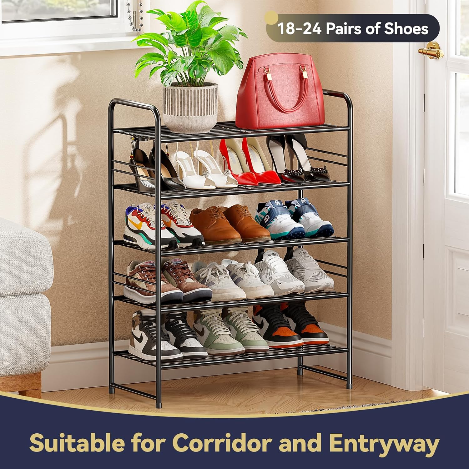 5 Tier Shoe Rack Closet Metal Heavy Duty, Stackable, Black