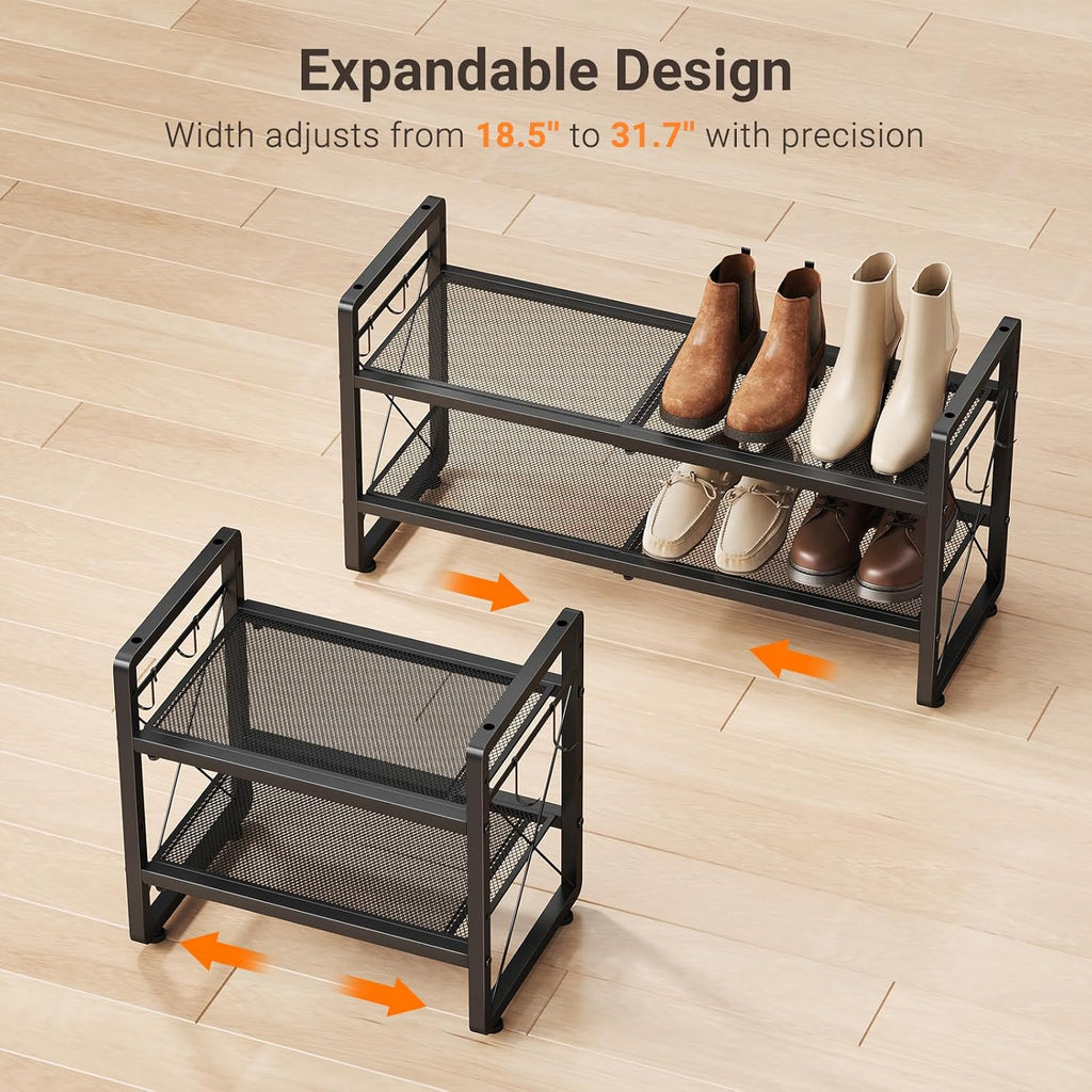 ELYKEN Shoe Rack, 2-Tier Expandable Shoe Organizer for Entryway, Metal Black Shoe Shelf with 4 Hooks, Ajustable Shoe Stand Holder for Closet, Garage, Door Entrance