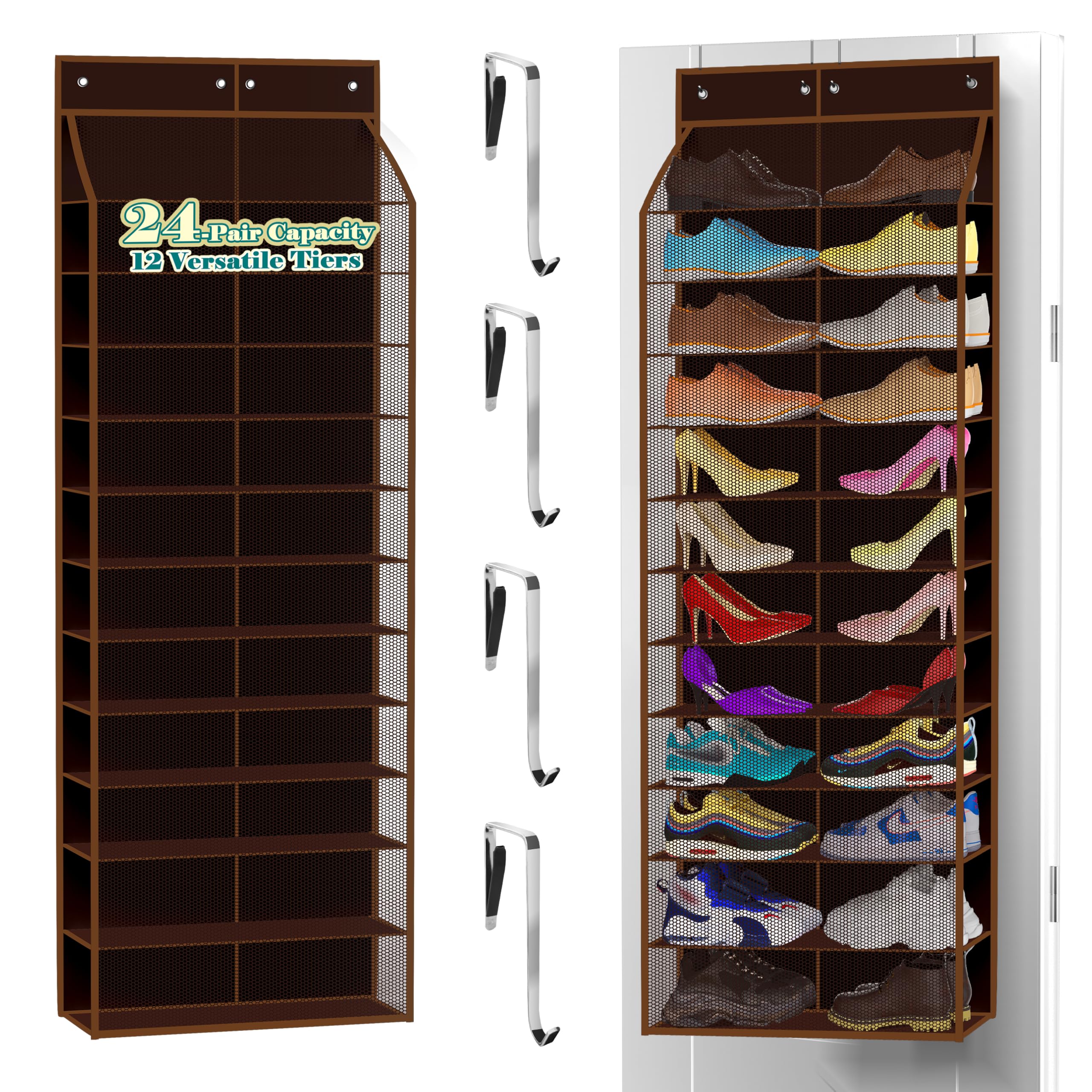 Kotkn 24-Pair Over Door Shoe Organizer for Family & Kids, Double Sided | Hanging Storage for Sneakers, Boots, Toys & Room Organization-Graphite Gray