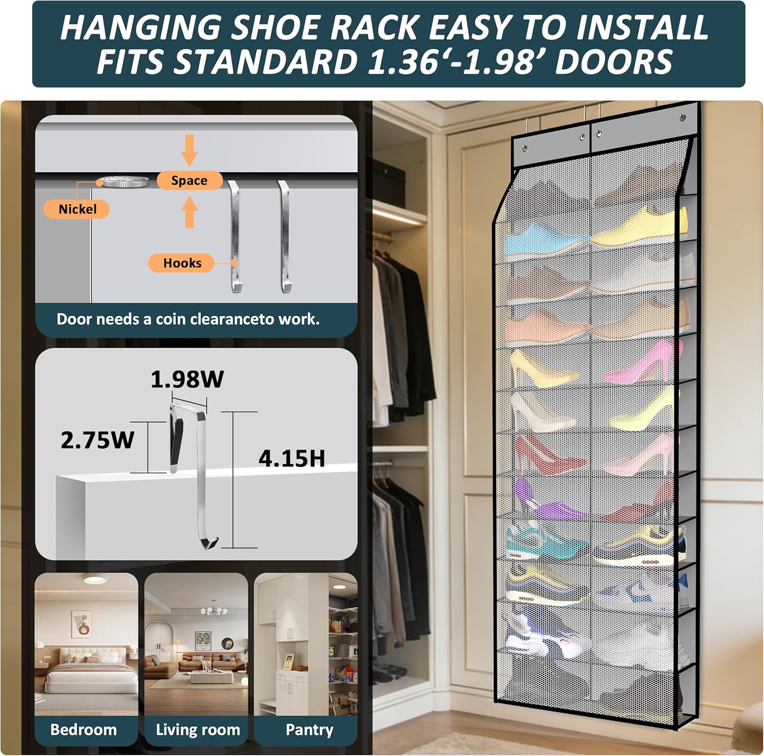 Kotkn 24-Pair Over Door Shoe Organizer for Family & Kids, Double Sided | Hanging Storage for Sneakers, Boots, Toys & Room Organization-Graphite Gray