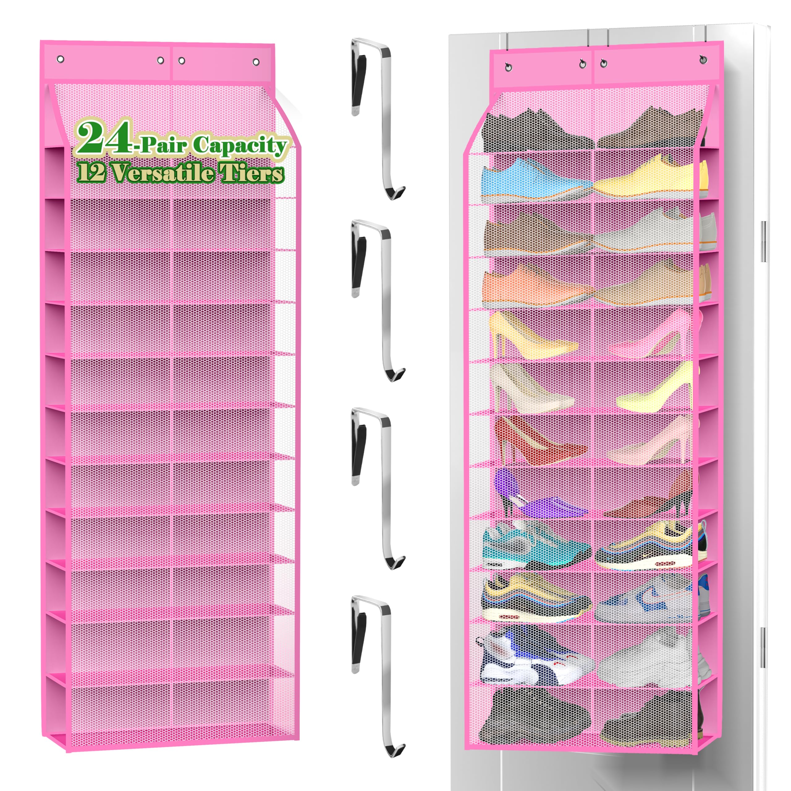 Kotkn 24-Pair Over Door Shoe Organizer for Family & Kids, Double Sided | Hanging Storage for Sneakers, Boots, Toys & Room Organization-Graphite Gray